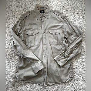 New Tommy H Hilfiger Shirt twill button collar military men pockets TAN MEDIUM